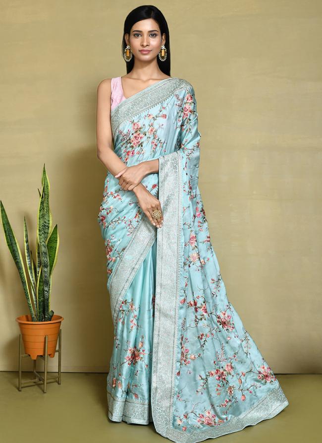 Satin Silk Blue Wedding Wear Embroidery Work Saree